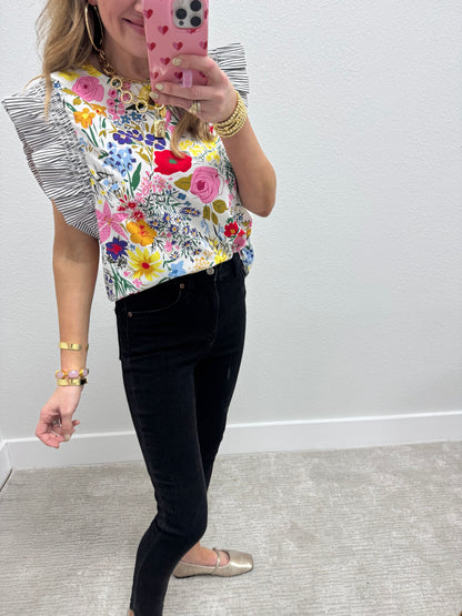 Floral Pin Stripe Ruffle Sleeve Shirt- White