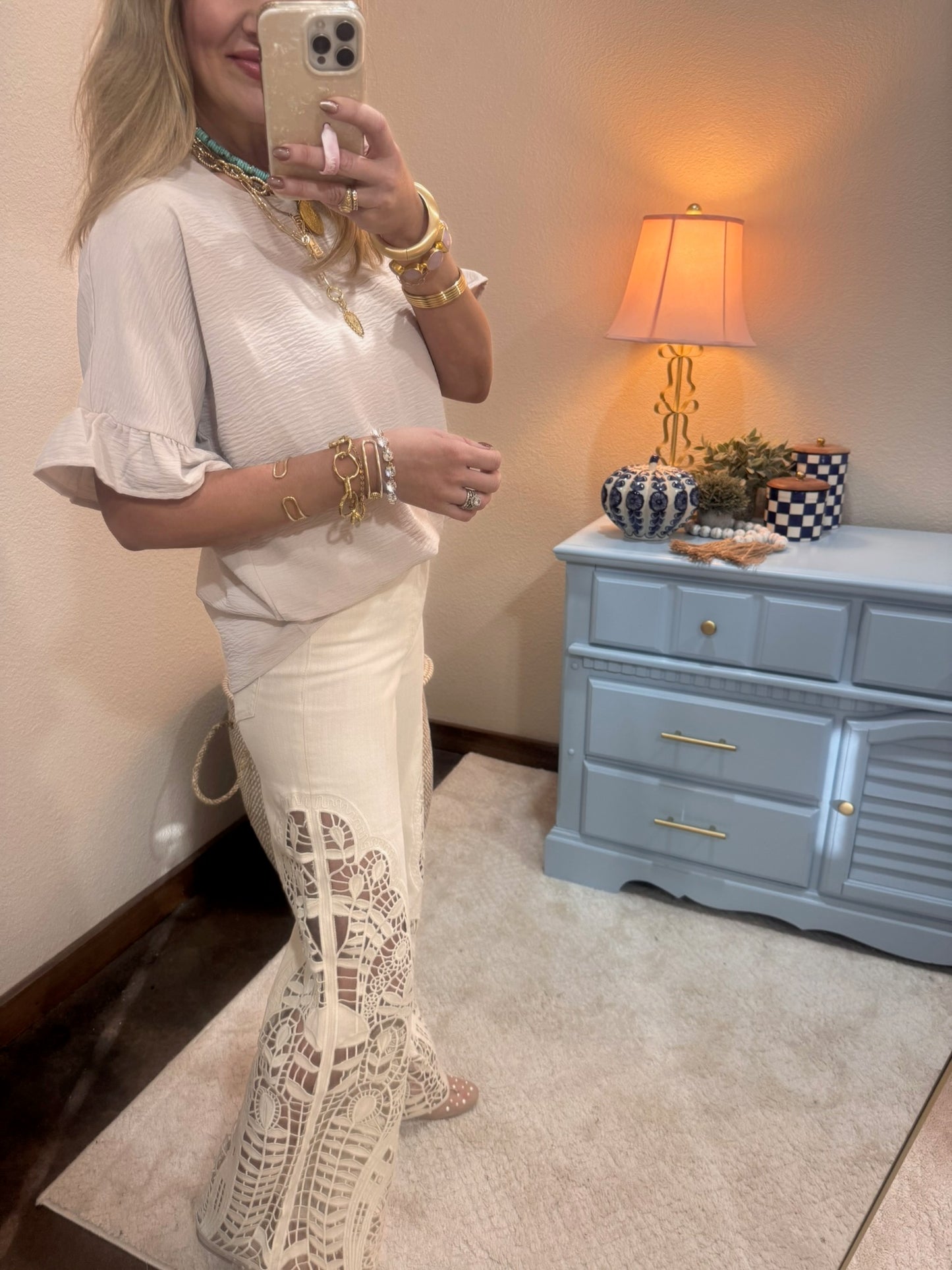 Sand Beige Round Neck Ruffle Sleeve Top