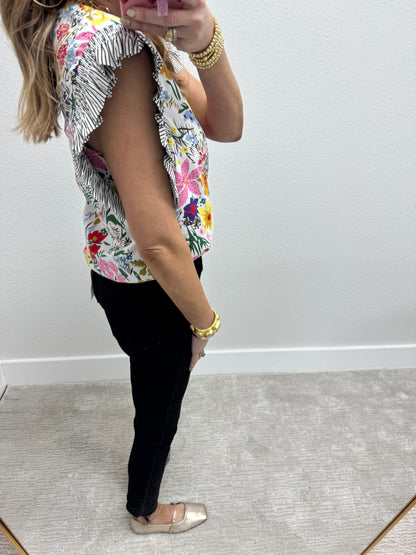 Floral Pin Stripe Ruffle Sleeve Shirt- White