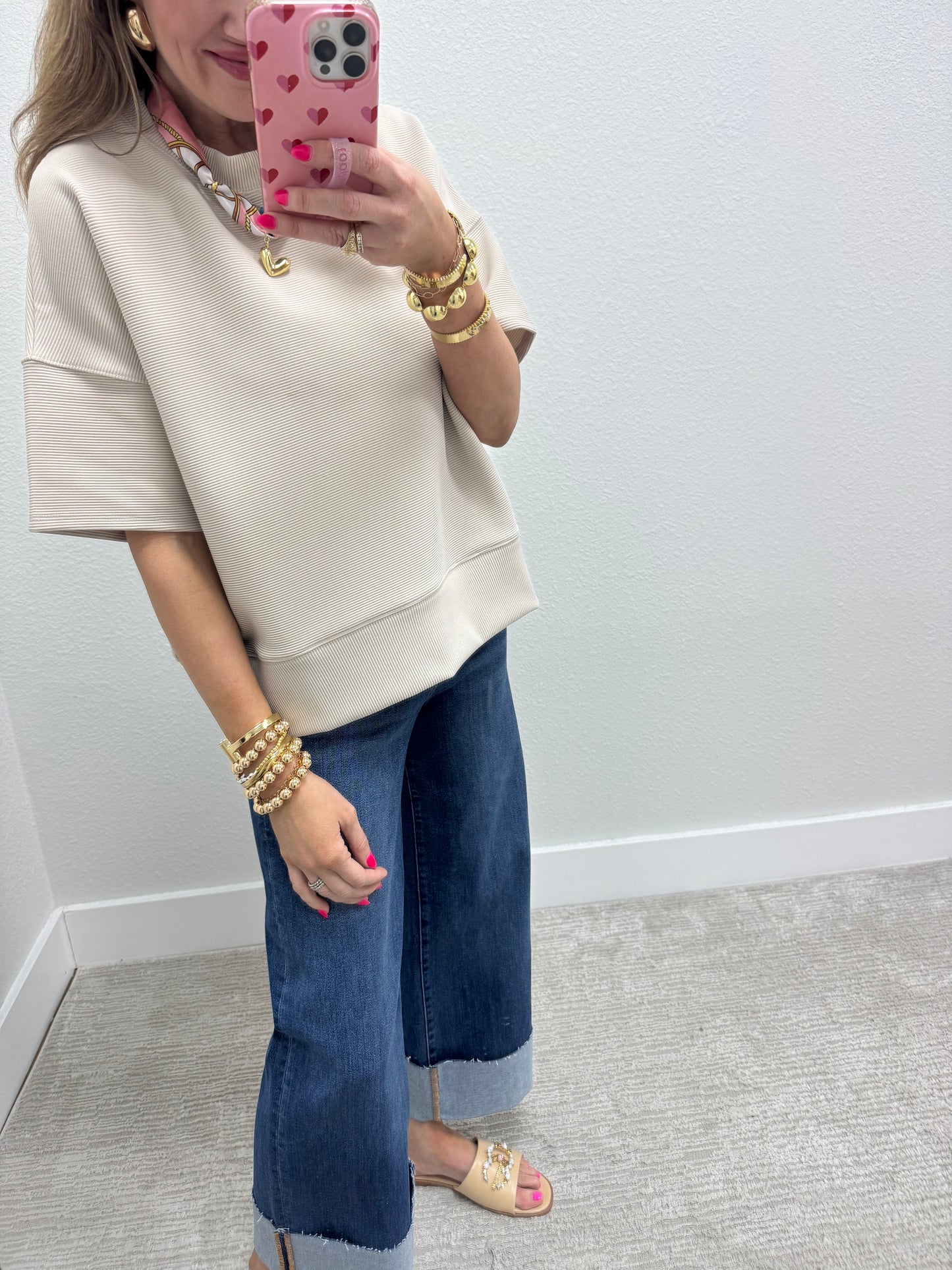 Sand Beige Ribbed Band Bottom Half Sleeve Top