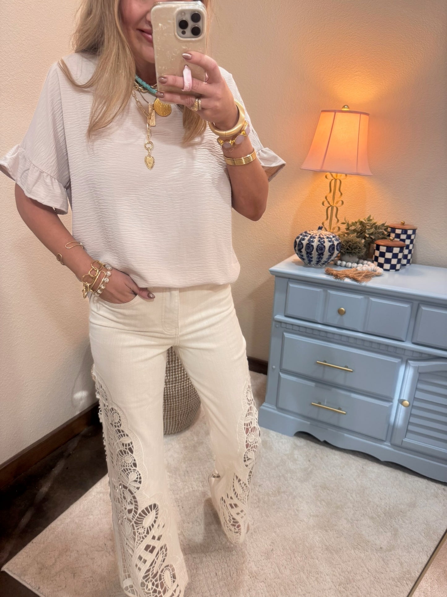 Sand Beige Round Neck Ruffle Sleeve Top