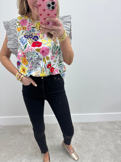 Floral Pin Stripe Ruffle Sleeve Shirt- White