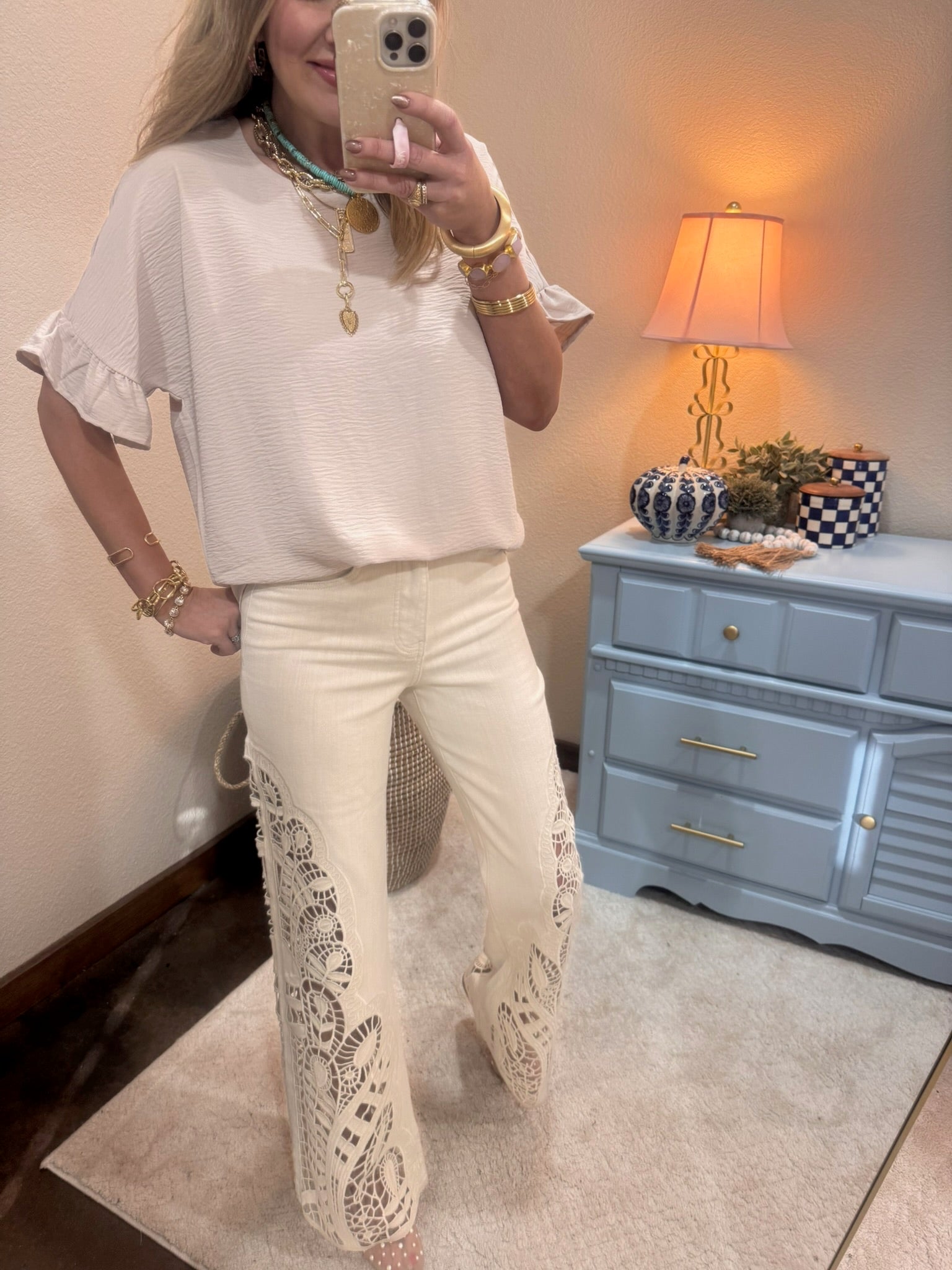 Sand Beige Round Neck Ruffle Sleeve Top