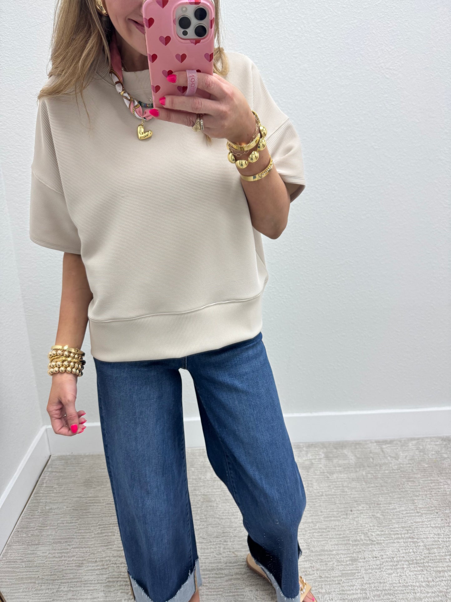 Sand Beige Ribbed Band Bottom Half Sleeve Top