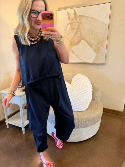 Navy Scuba Cinch Tie Top and Pants Set