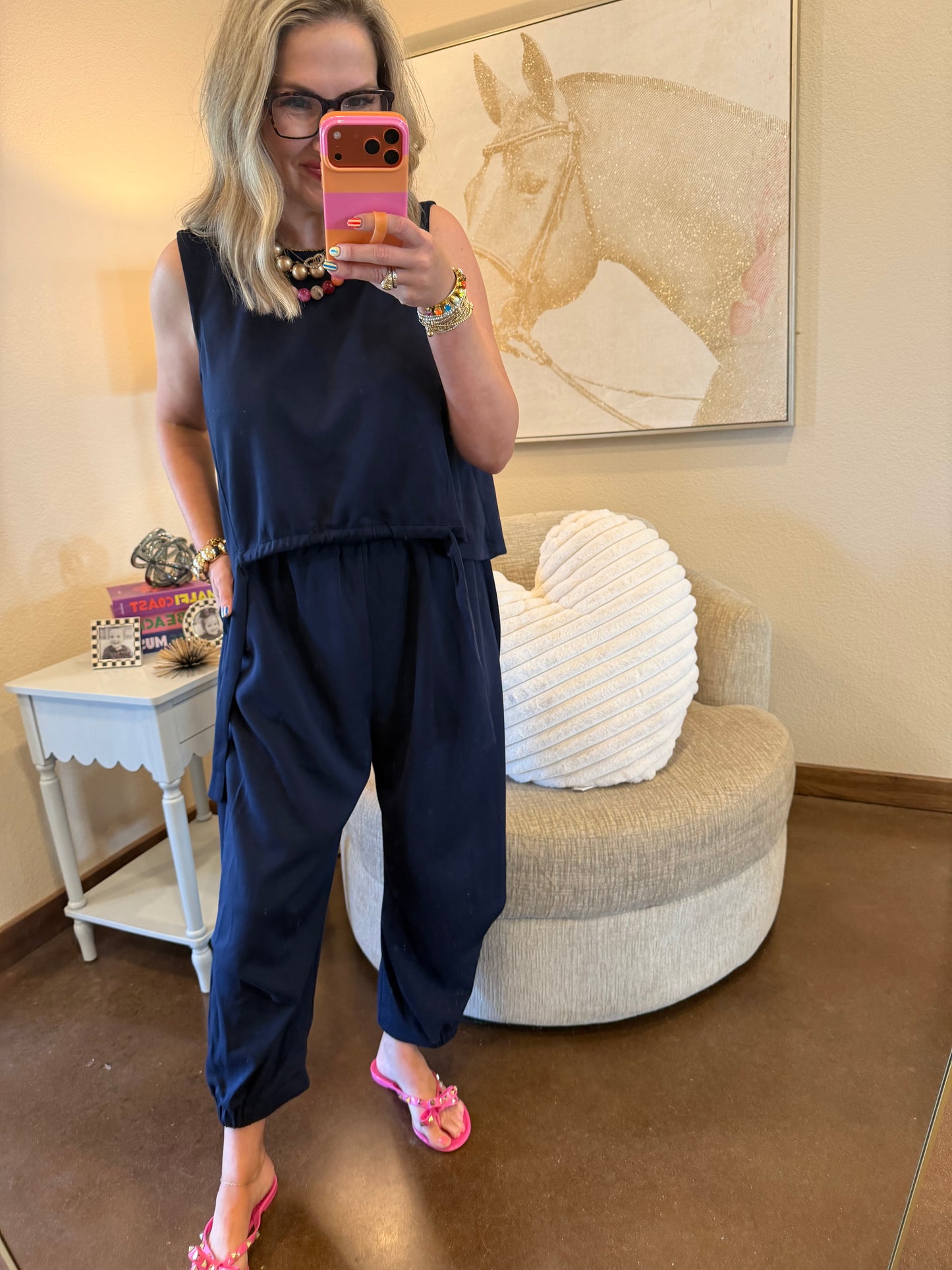 Navy Scuba Cinch Tie Top and Pants Set