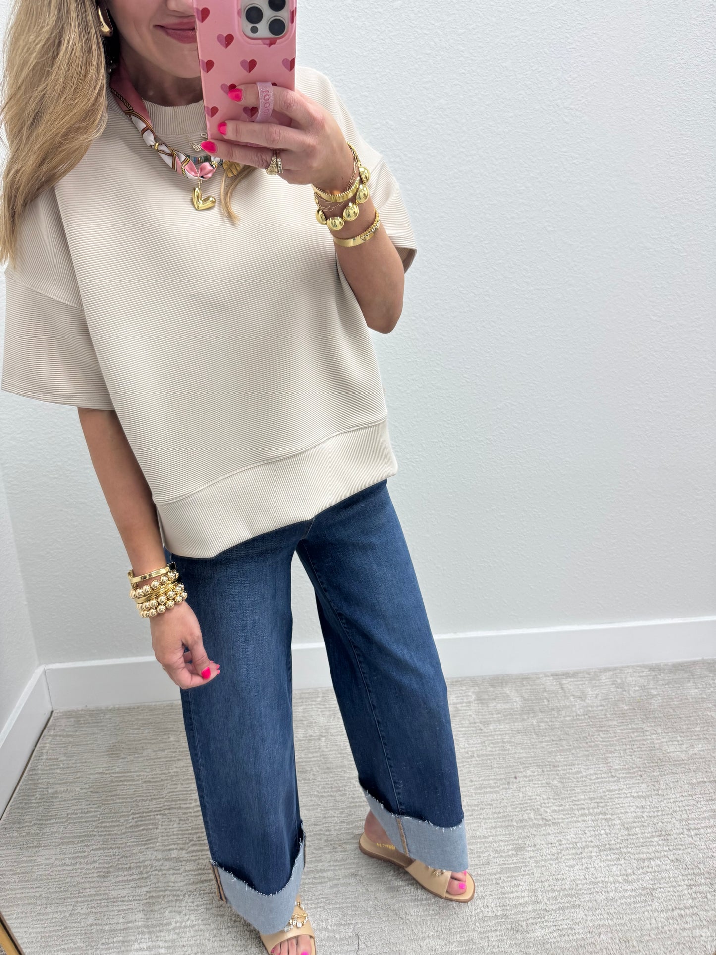 Sand Beige Ribbed Band Bottom Half Sleeve Top