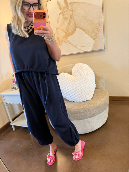 Navy Scuba Cinch Tie Top and Pants Set