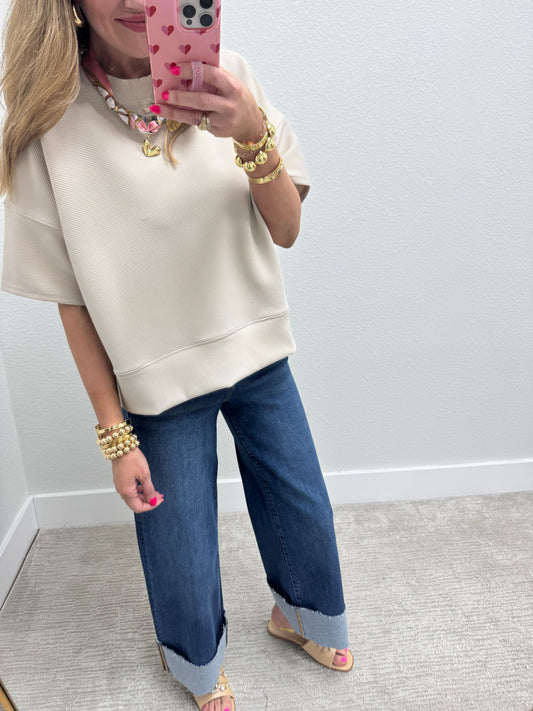 Sand Beige Ribbed Band Bottom Half Sleeve Top