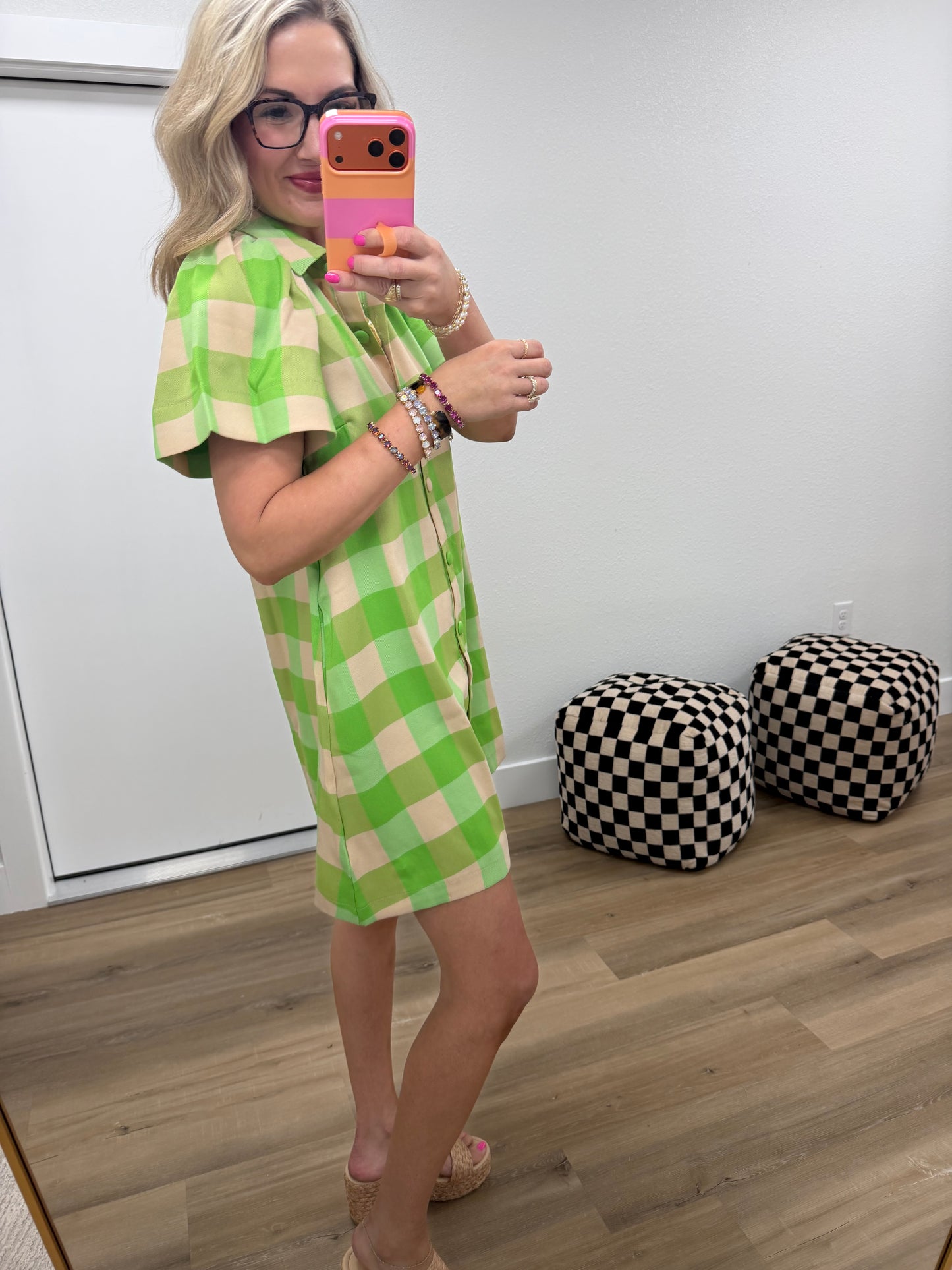 Lime Checkered Dress With Collar