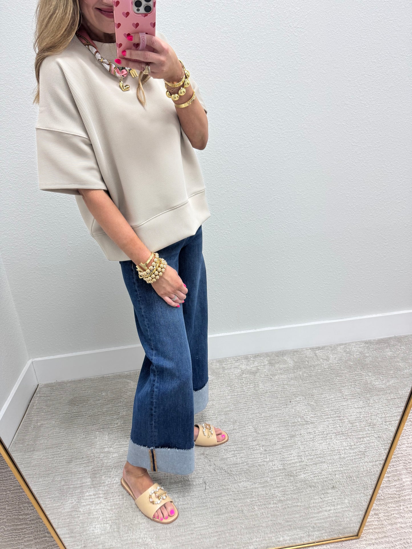 Sand Beige Ribbed Band Bottom Half Sleeve Top