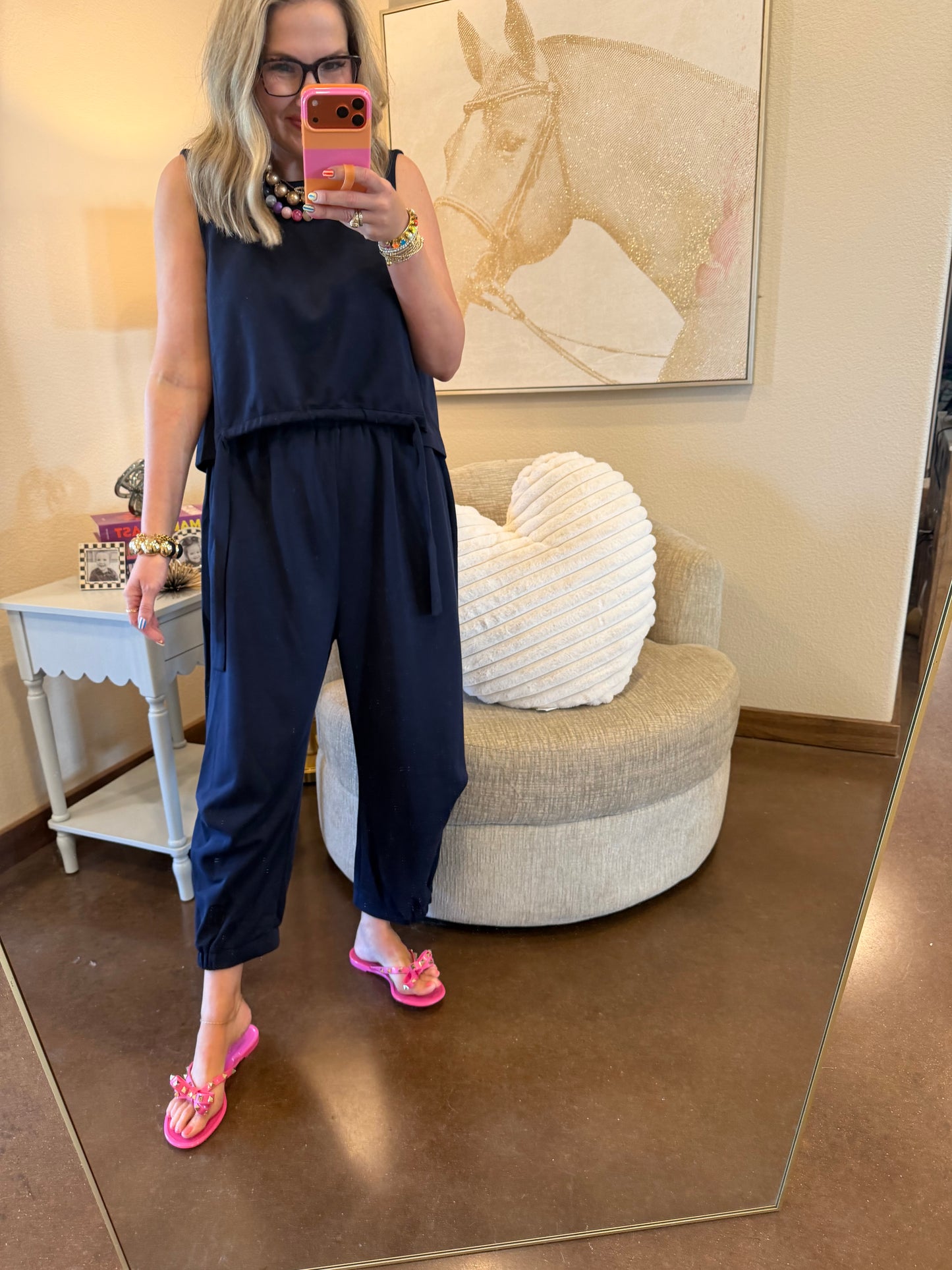 Navy Scuba Cinch Tie Top and Pants Set