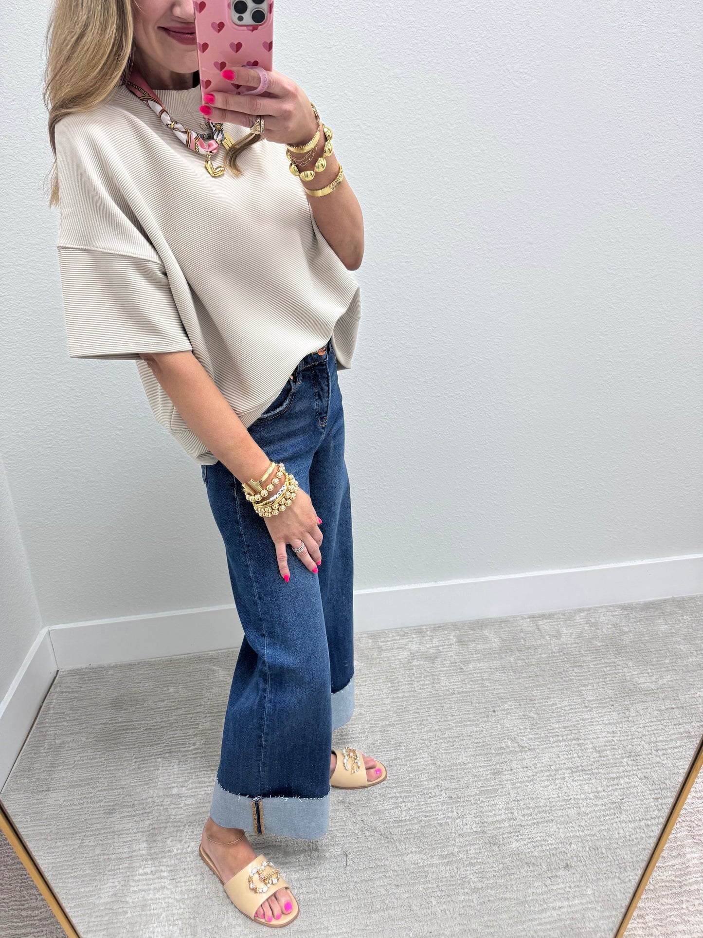 Sand Beige Ribbed Band Bottom Half Sleeve Top