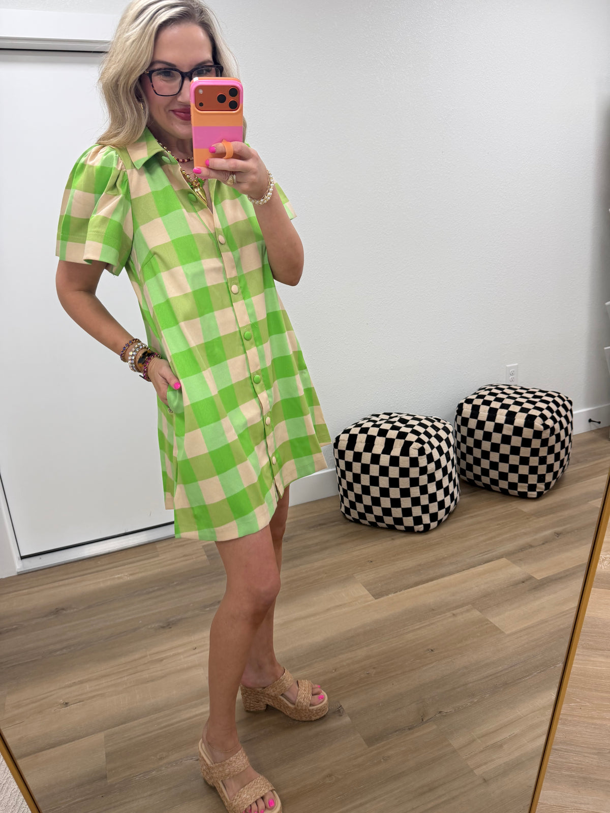 Lime Checkered Dress With Collar