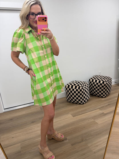 Lime Checkered Dress With Collar