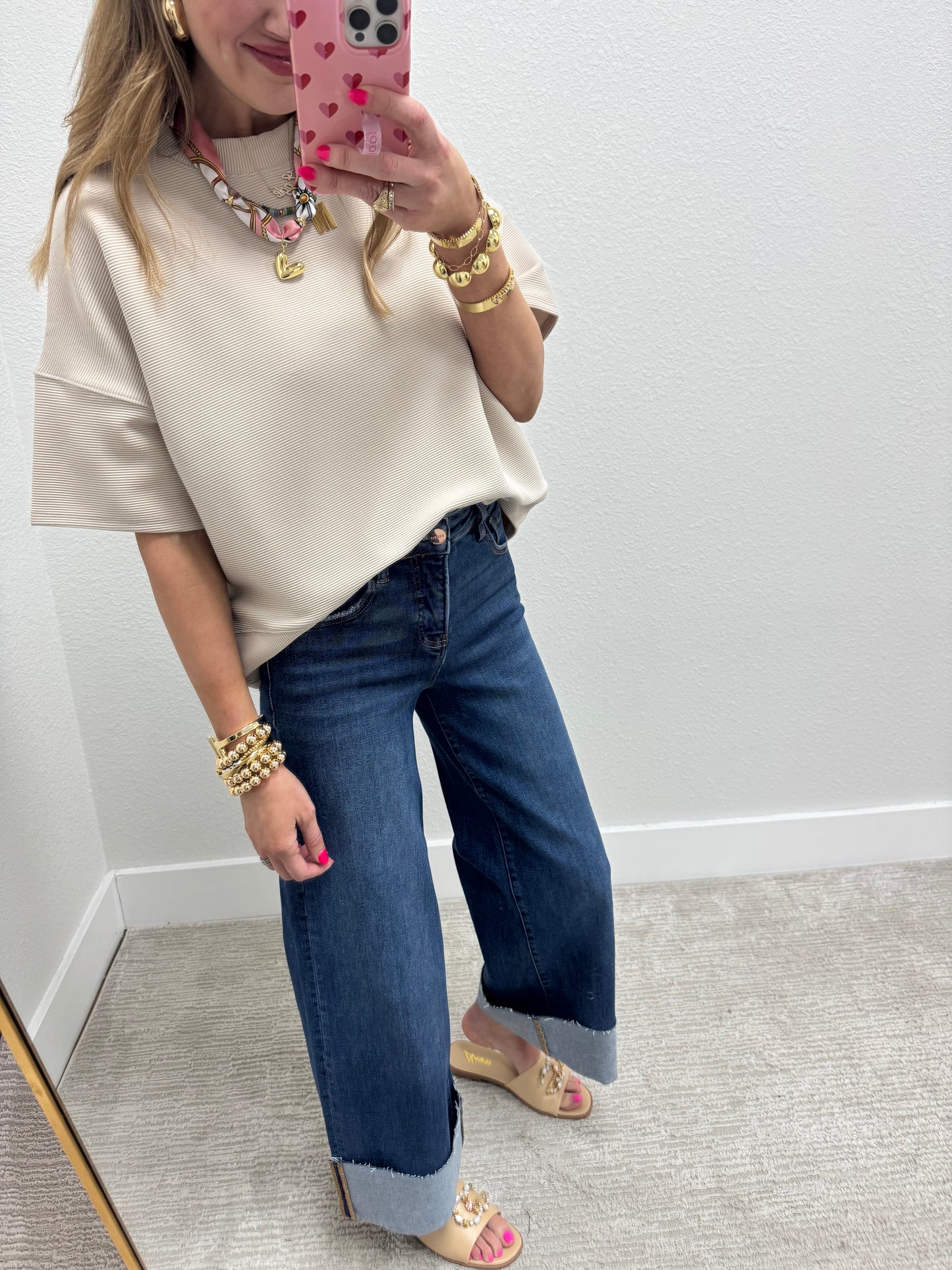 Sand Beige Ribbed Band Bottom Half Sleeve Top