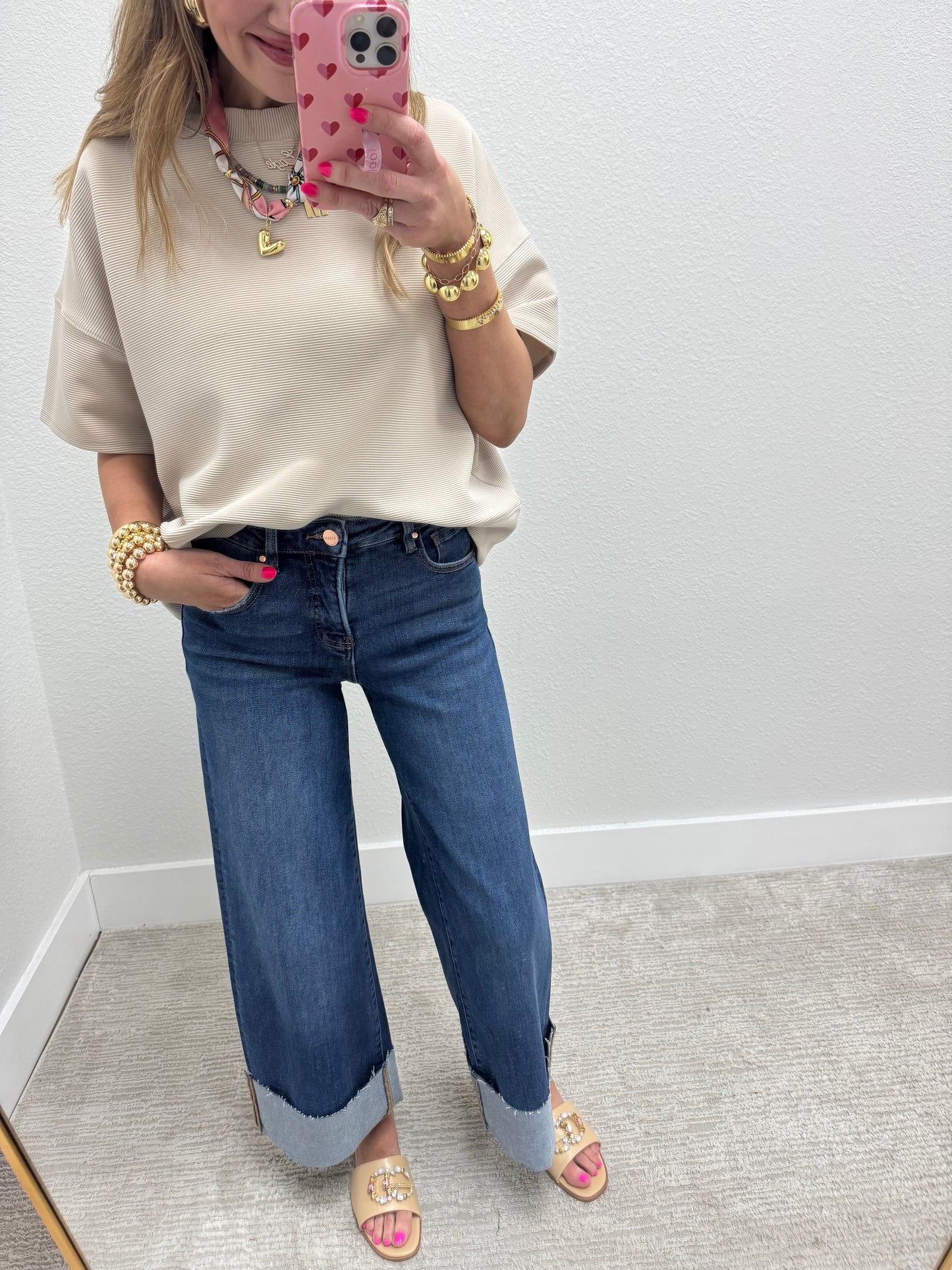 Sand Beige Ribbed Band Bottom Half Sleeve Top