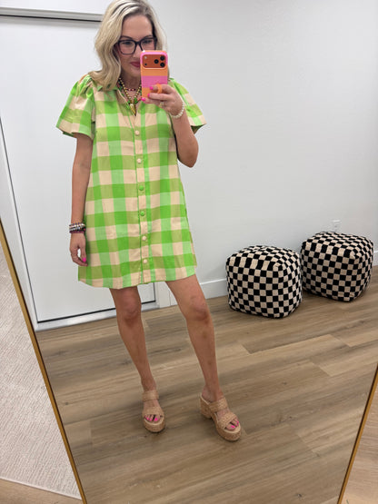 Lime Checkered Dress With Collar