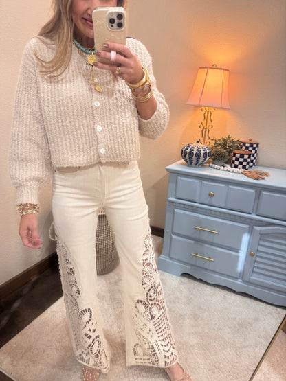 Cream Fluffy Knit Button-up Cardigan Sweater