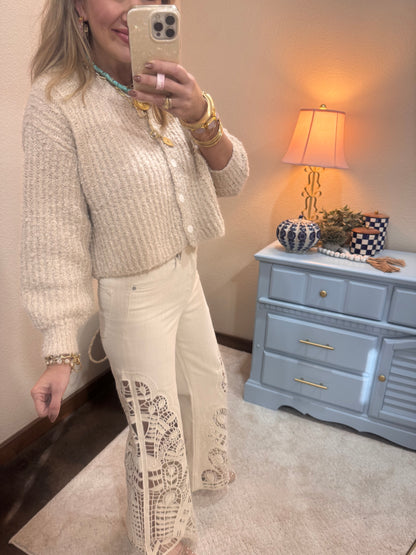 Cream Fluffy Knit Button-up Cardigan Sweater