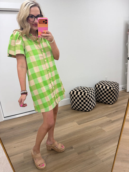 Lime Checkered Dress With Collar