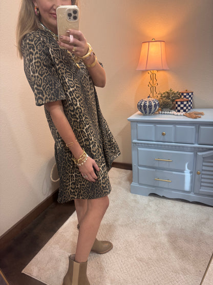 Leopard Print Denim Mini Dress With Pockets
