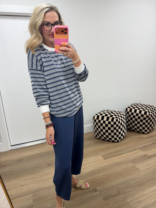 Navy Raised Rib Stripe Long Sleeve