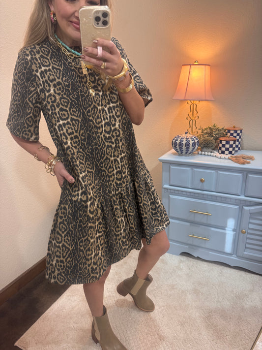 Leopard Print Denim Mini Dress With Pockets