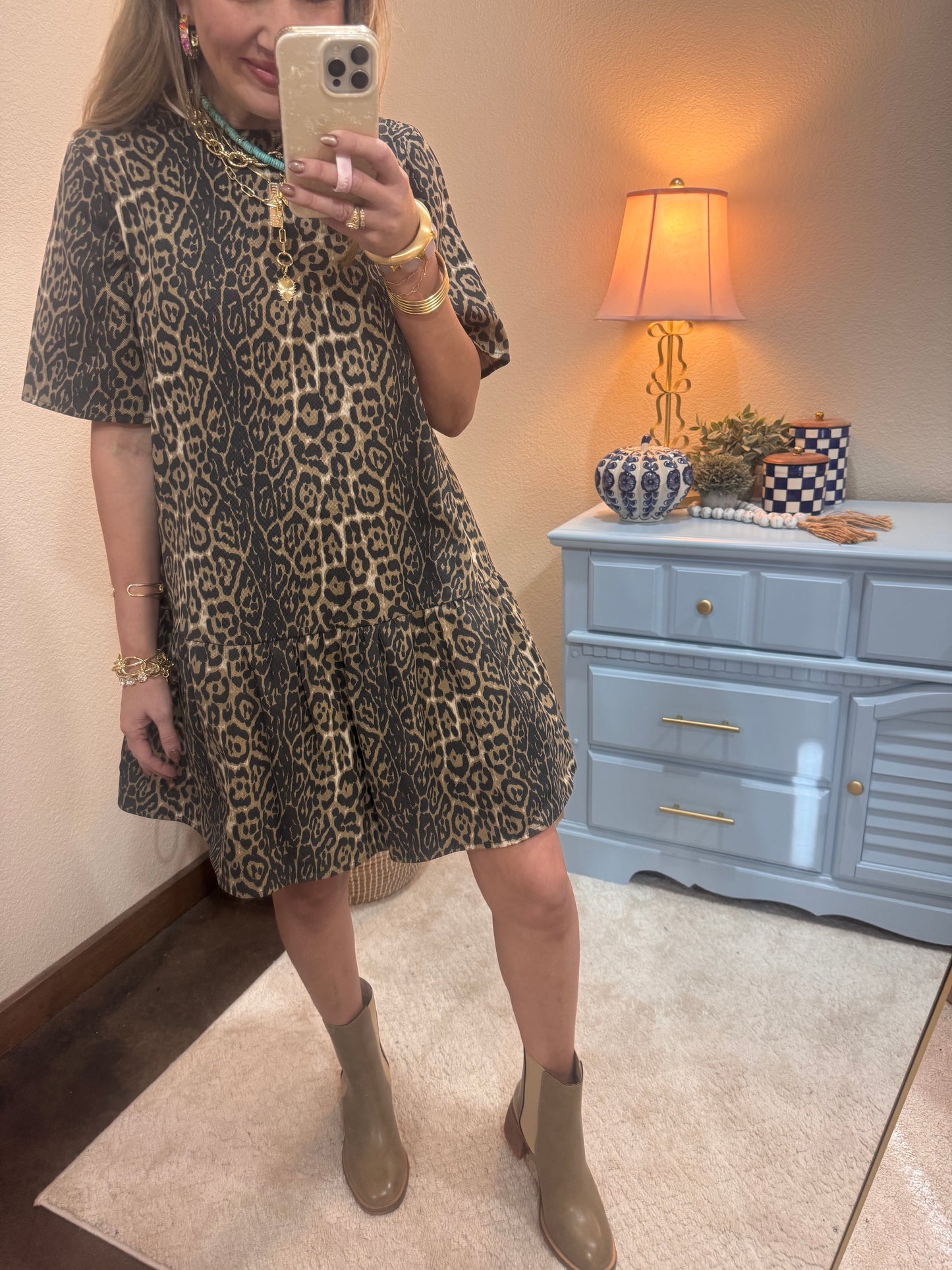 Leopard Print Denim Mini Dress With Pockets