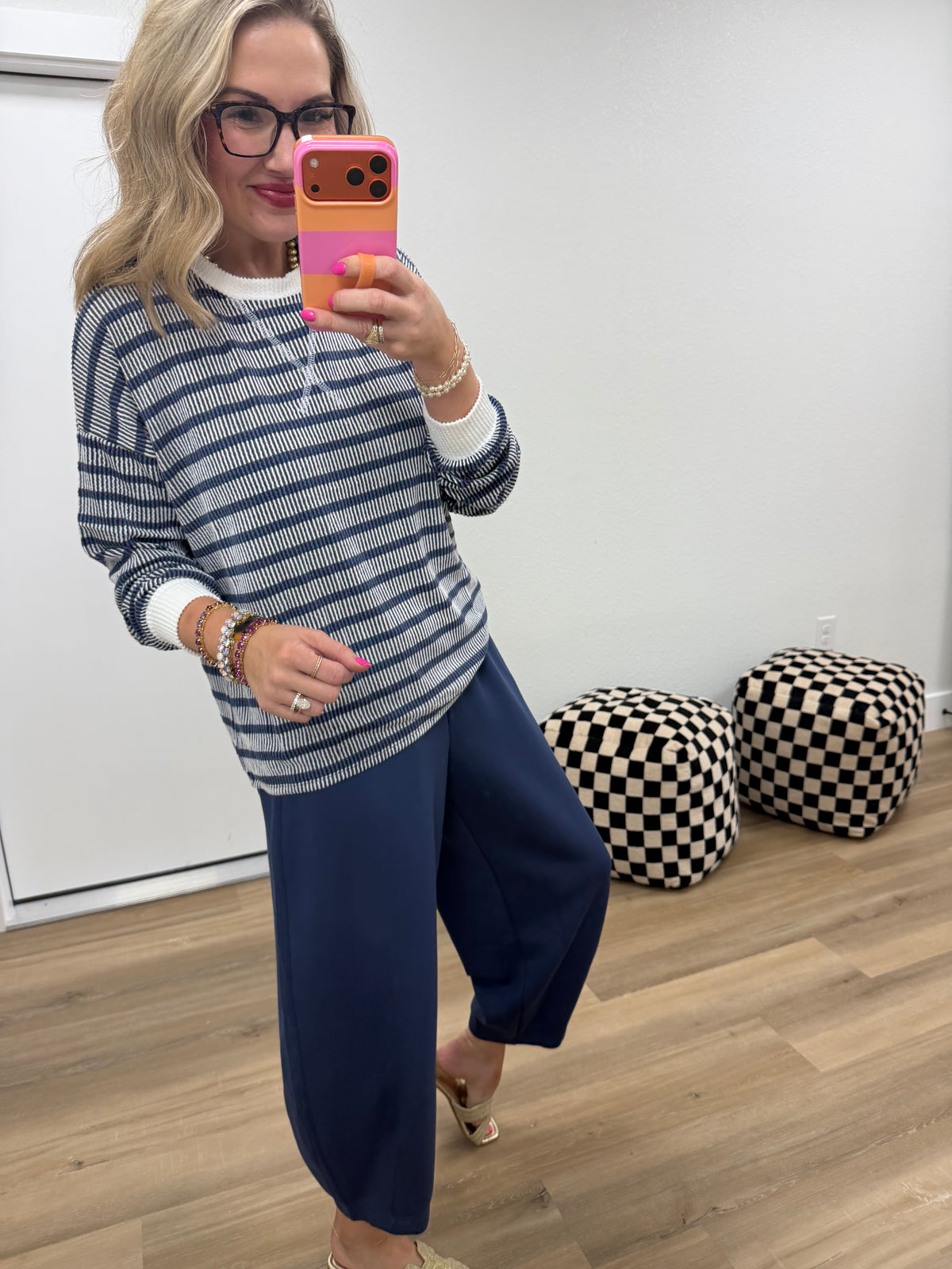 Navy Raised Rib Stripe Long Sleeve