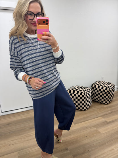Navy Raised Rib Stripe Long Sleeve