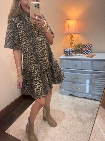 Leopard Print Denim Mini Dress With Pockets