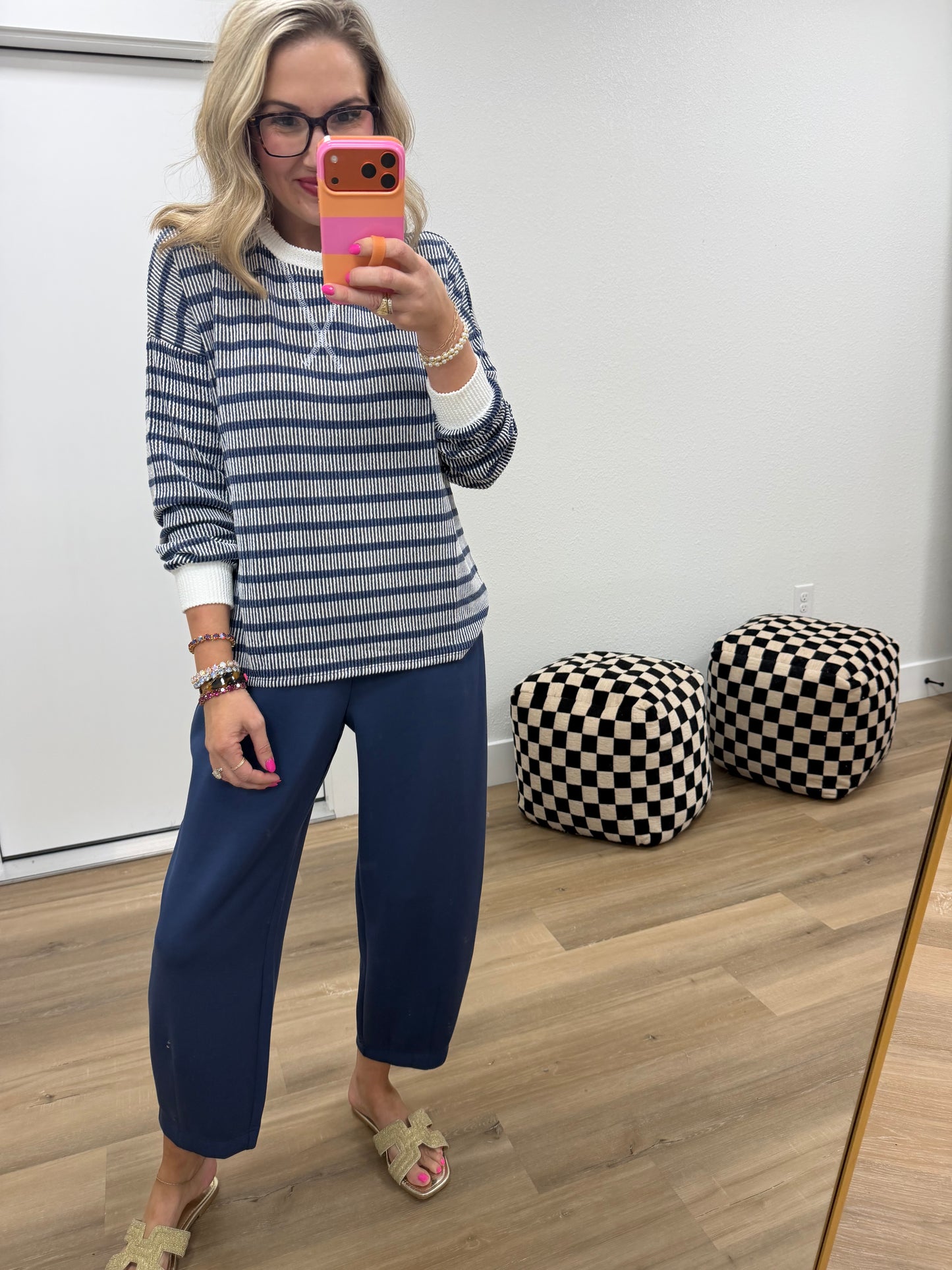 Navy Raised Rib Stripe Long Sleeve