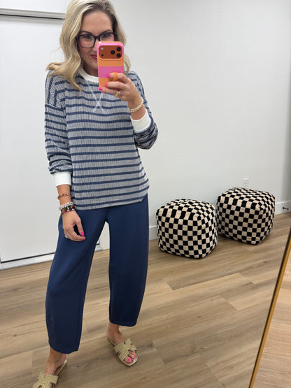 Navy Raised Rib Stripe Long Sleeve