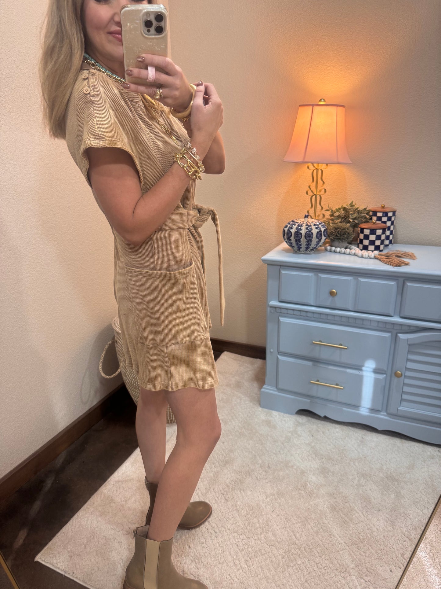 Mocha Acid Washed Waffle Knit Romper