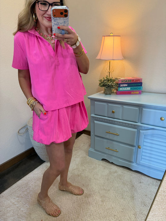 Pink Stand Collar Short Sleeve Shirt