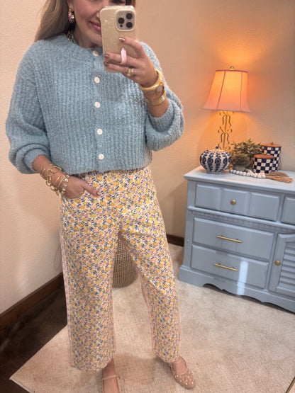 Sky Blue Fluffy Knit Button-up Cardigan Sweater