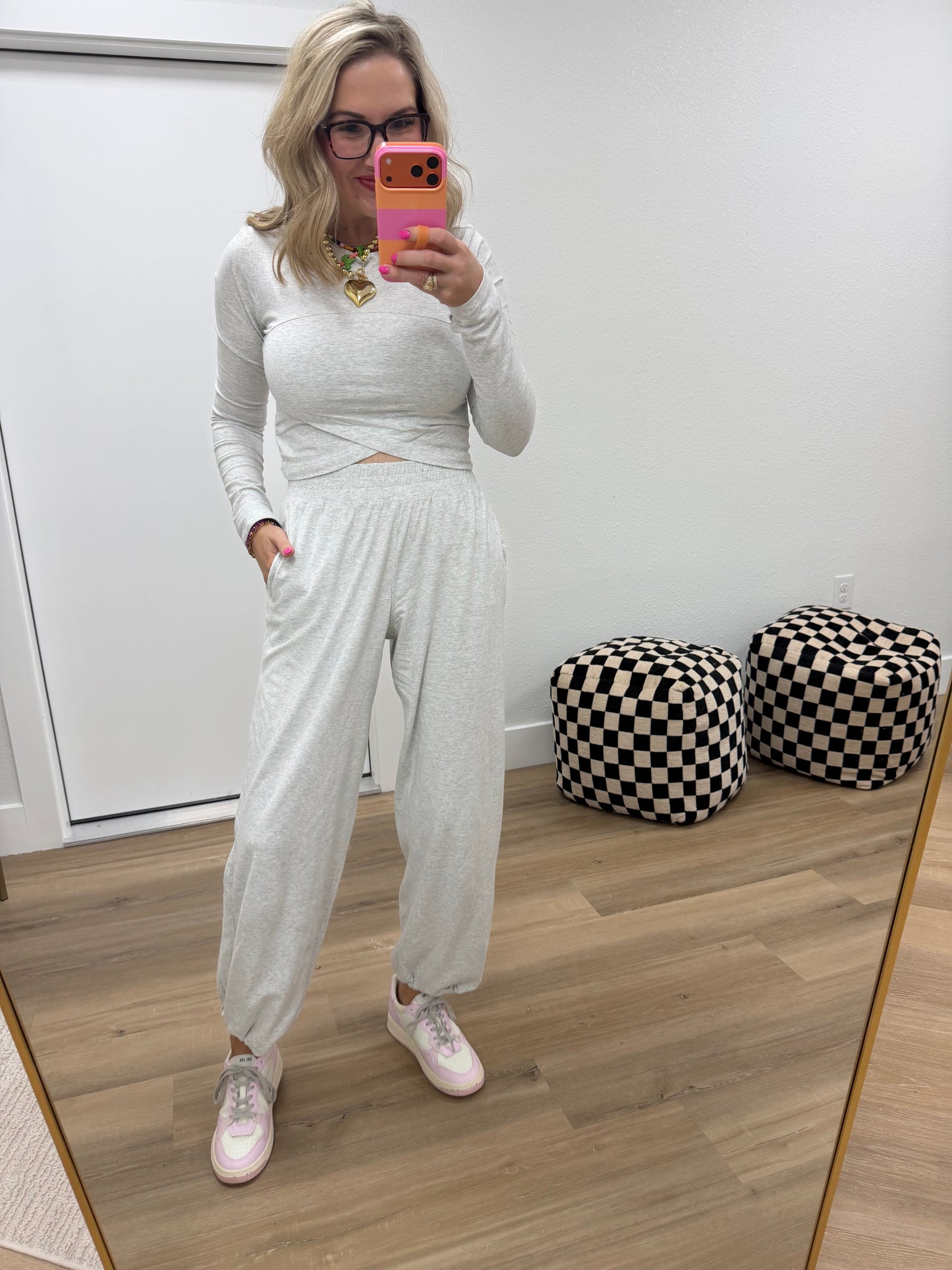 Gray Cotton Lycra Crossover Long Sleeve Set