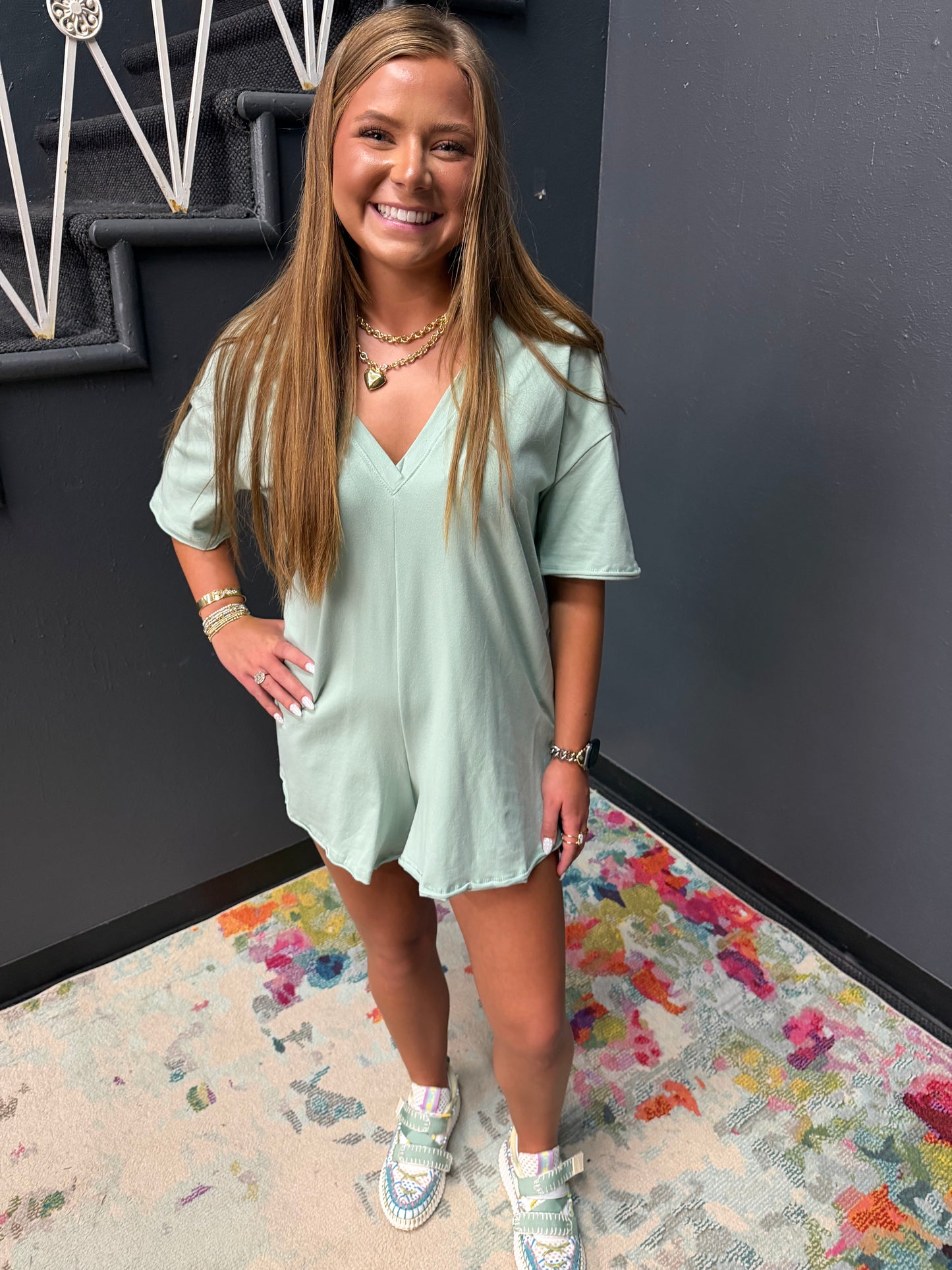 Seafoam Cotton Romper with Front Pockets