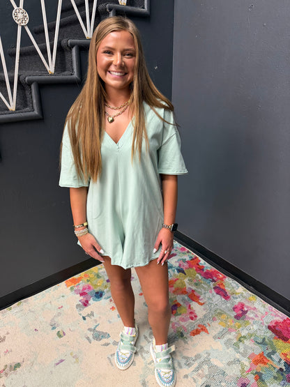 Seafoam Cotton Romper with Front Pockets
