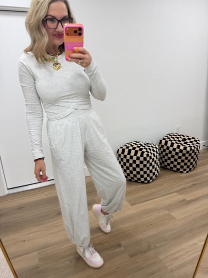 Gray Cotton Lycra Crossover Long Sleeve Set