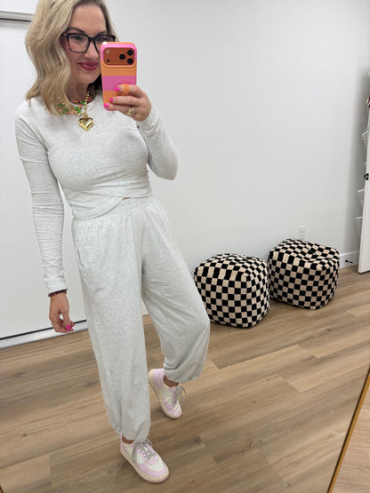 Gray Cotton Lycra Crossover Long Sleeve Set