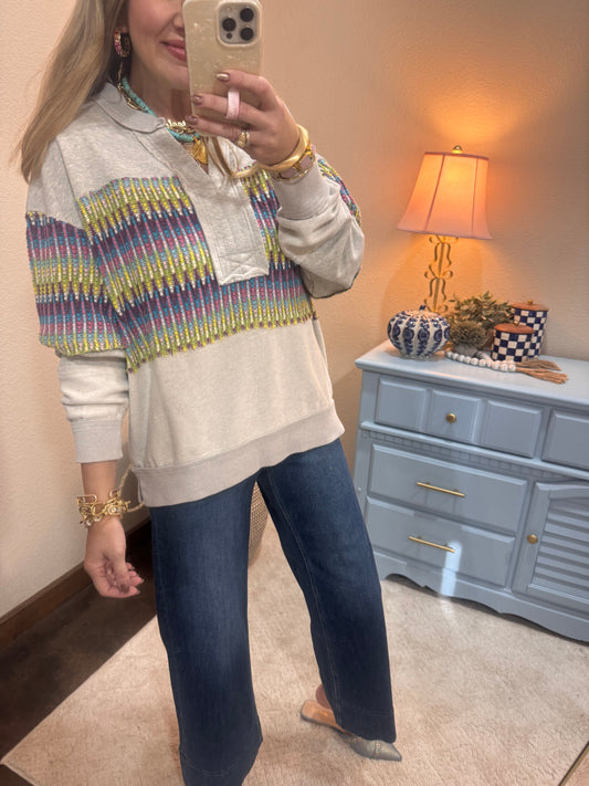 Gray Printed ZigZag Detail Top