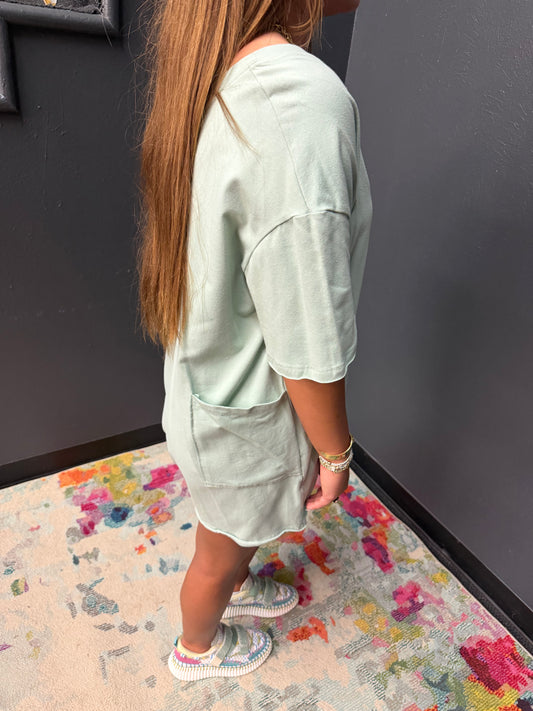 Seafoam Cotton Romper with Front Pockets