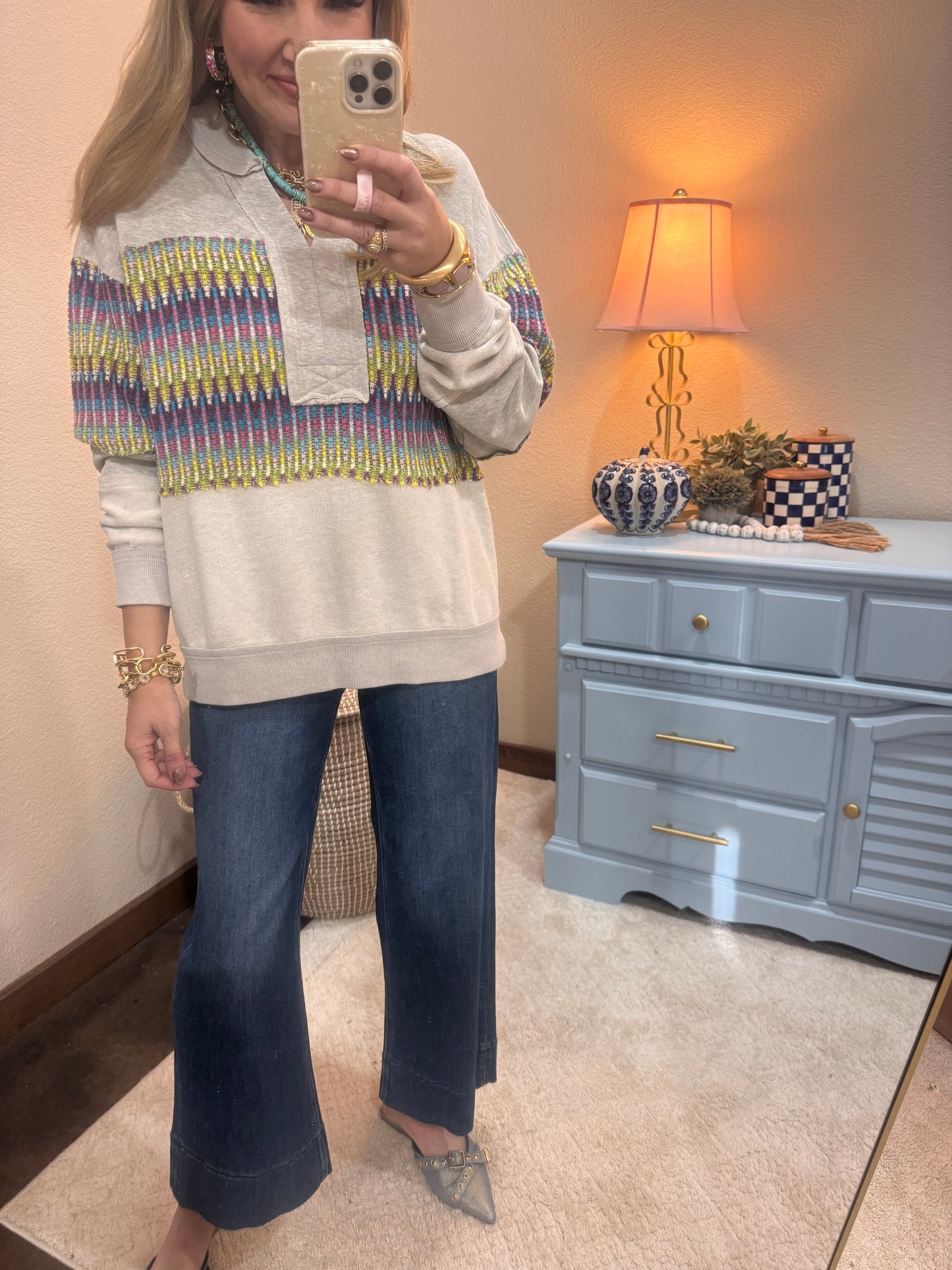 Gray Printed ZigZag Detail Top