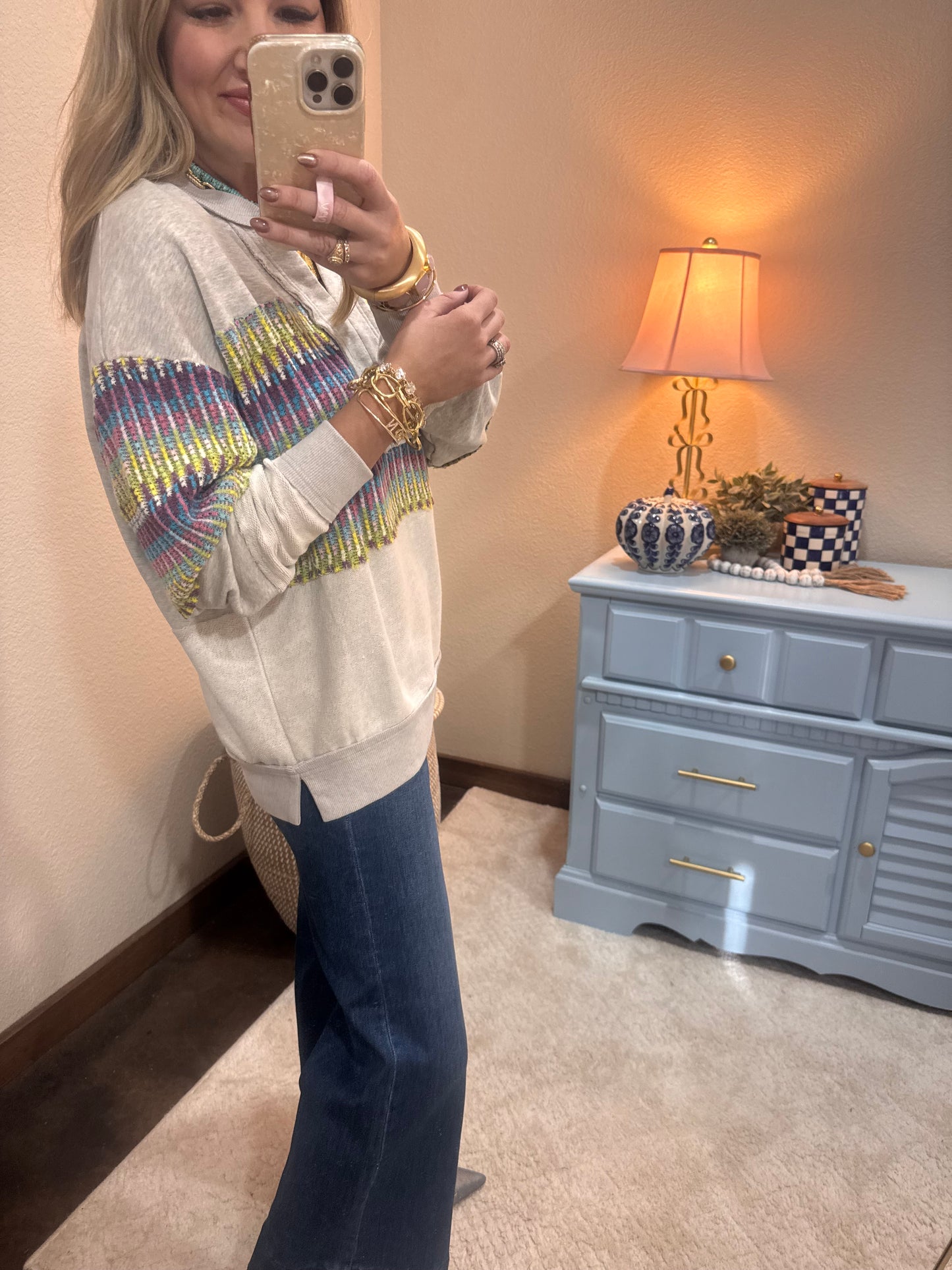 Gray Printed ZigZag Detail Top