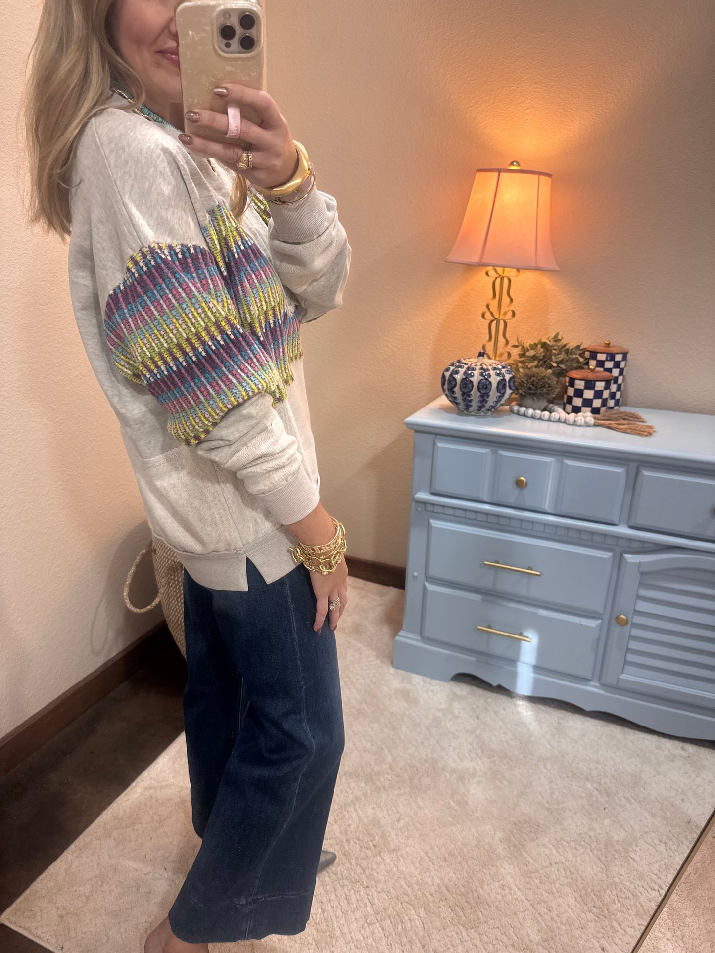 Gray Printed ZigZag Detail Top