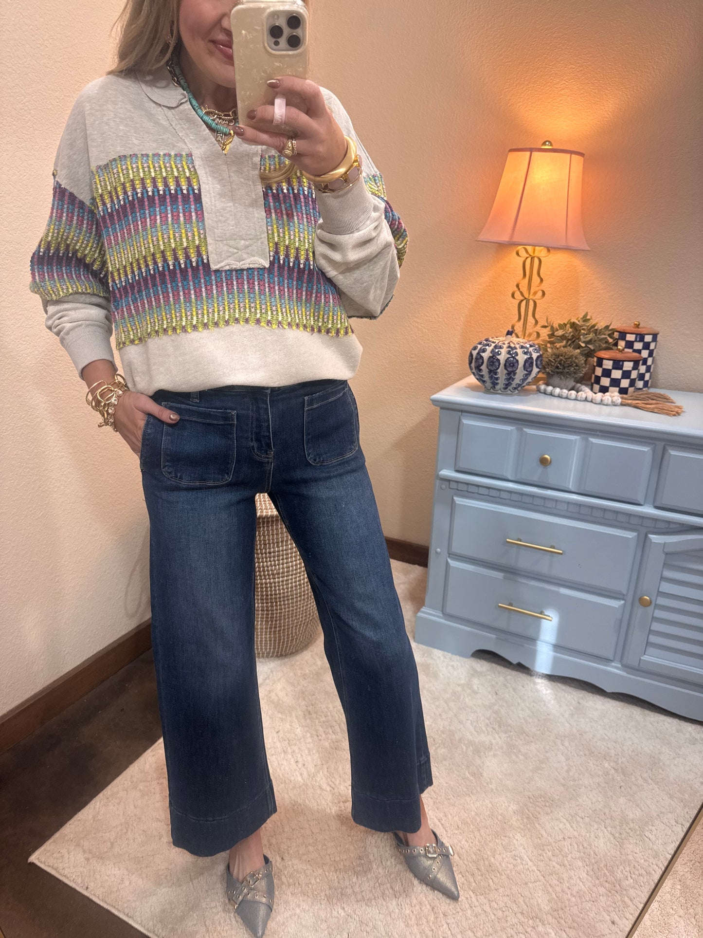 Gray Printed ZigZag Detail Top