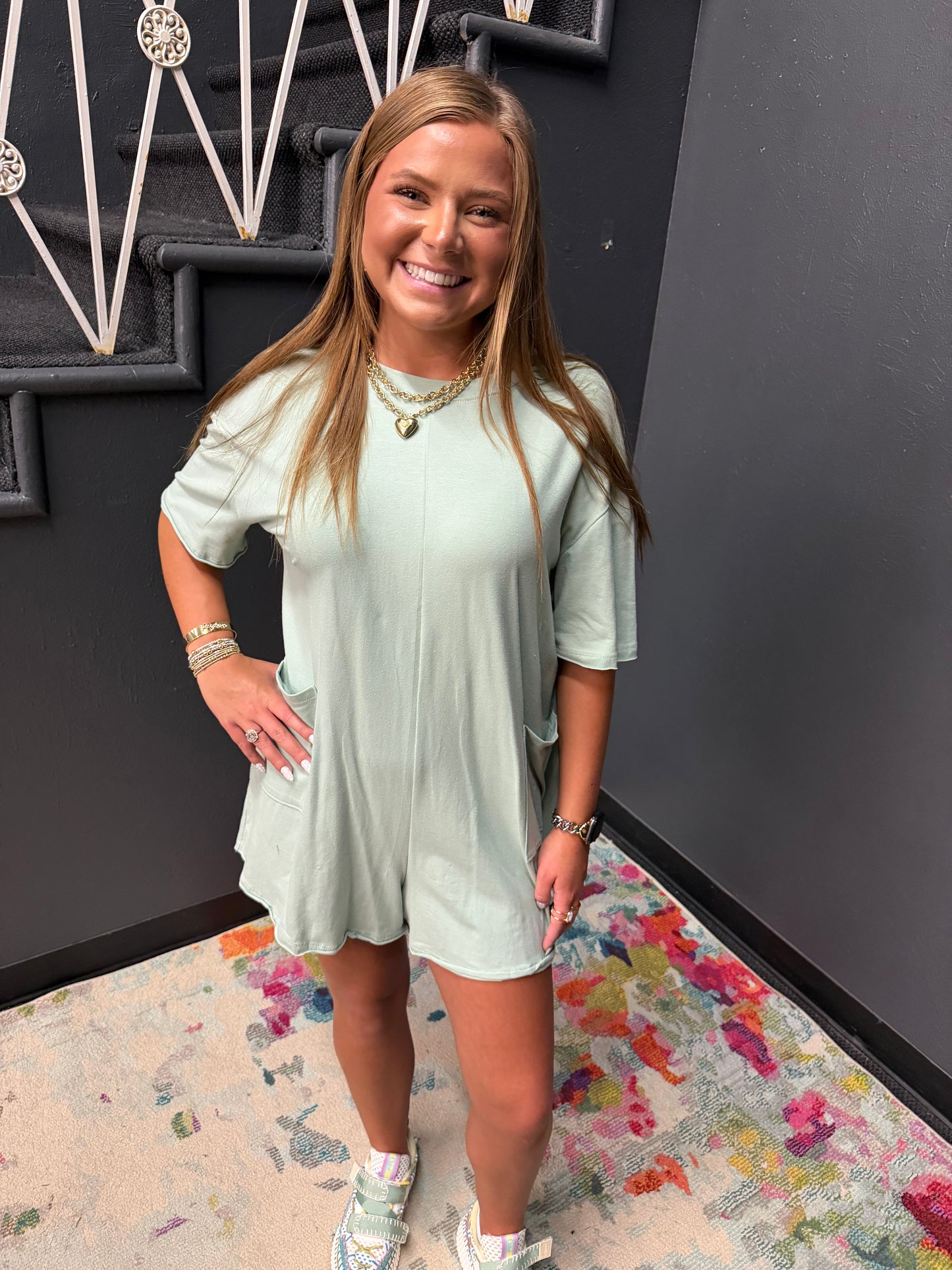 Seafoam Cotton Romper with Front Pockets