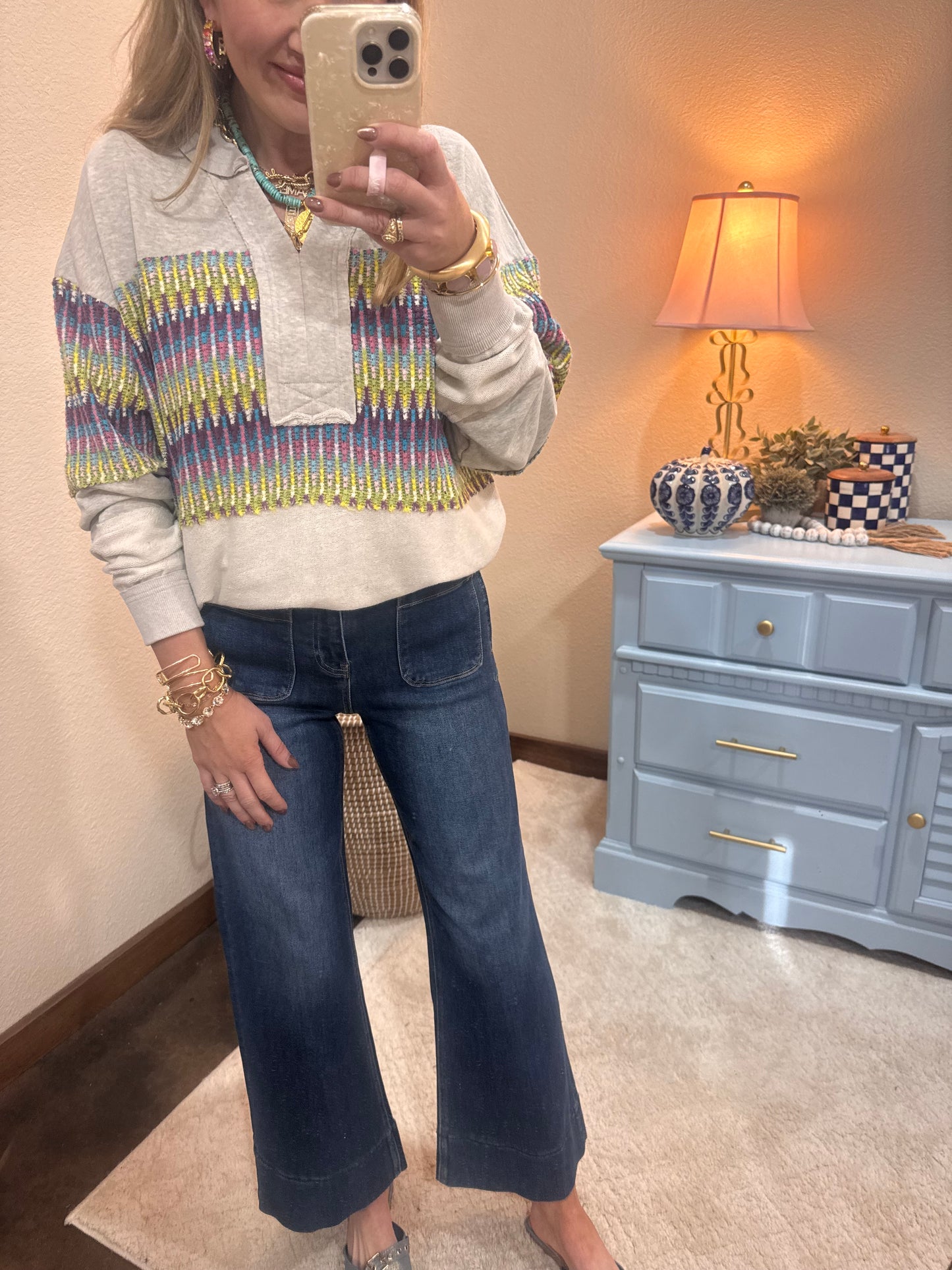 Gray Printed ZigZag Detail Top